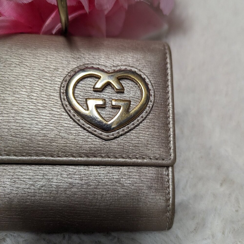Gucci Lovely Interlocking Hearts Metallic Tan Long Leather Wallet - Picture 2 of 10